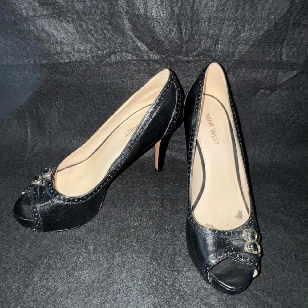 Nine West Black Leather Hidden Platform Stiletto Peeptoe Pump Shoes Heels Size 7